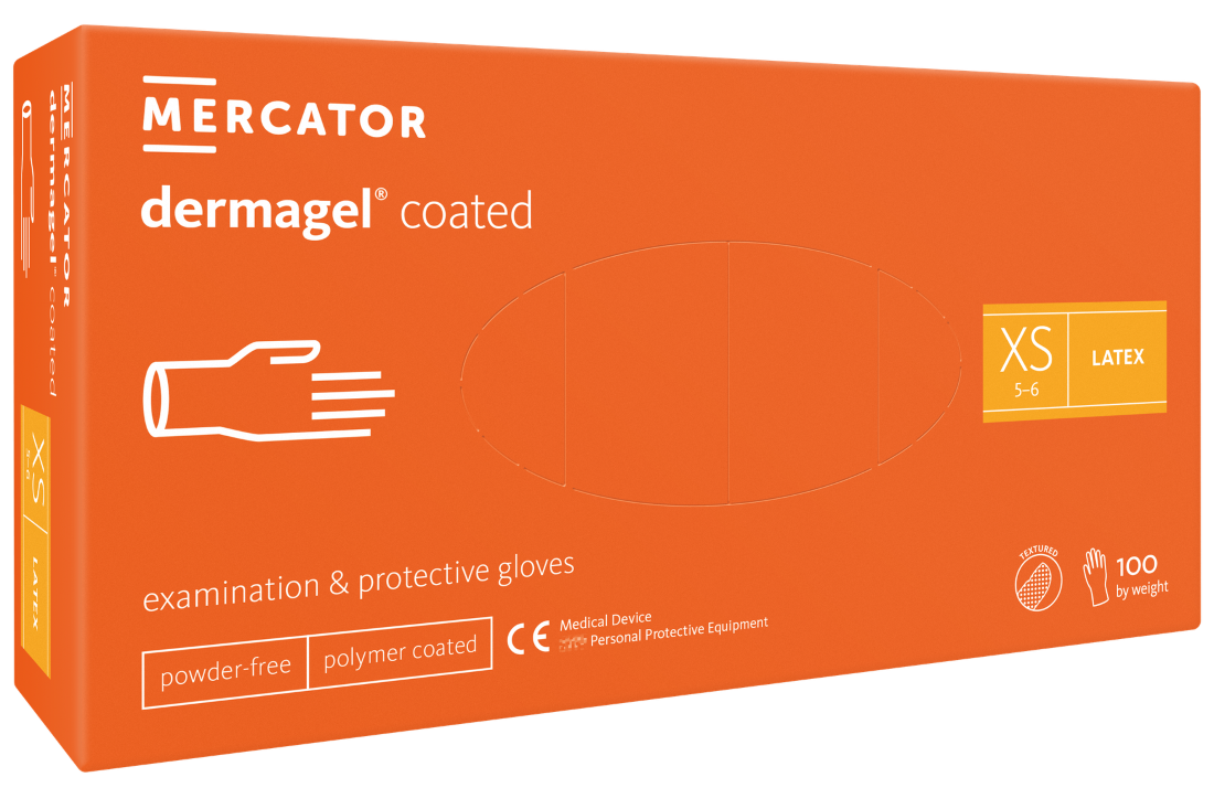 Латексні оглядові нестерильні неприпудрені рукавички Dermagel® coated, розмір XS, Mercator Medical